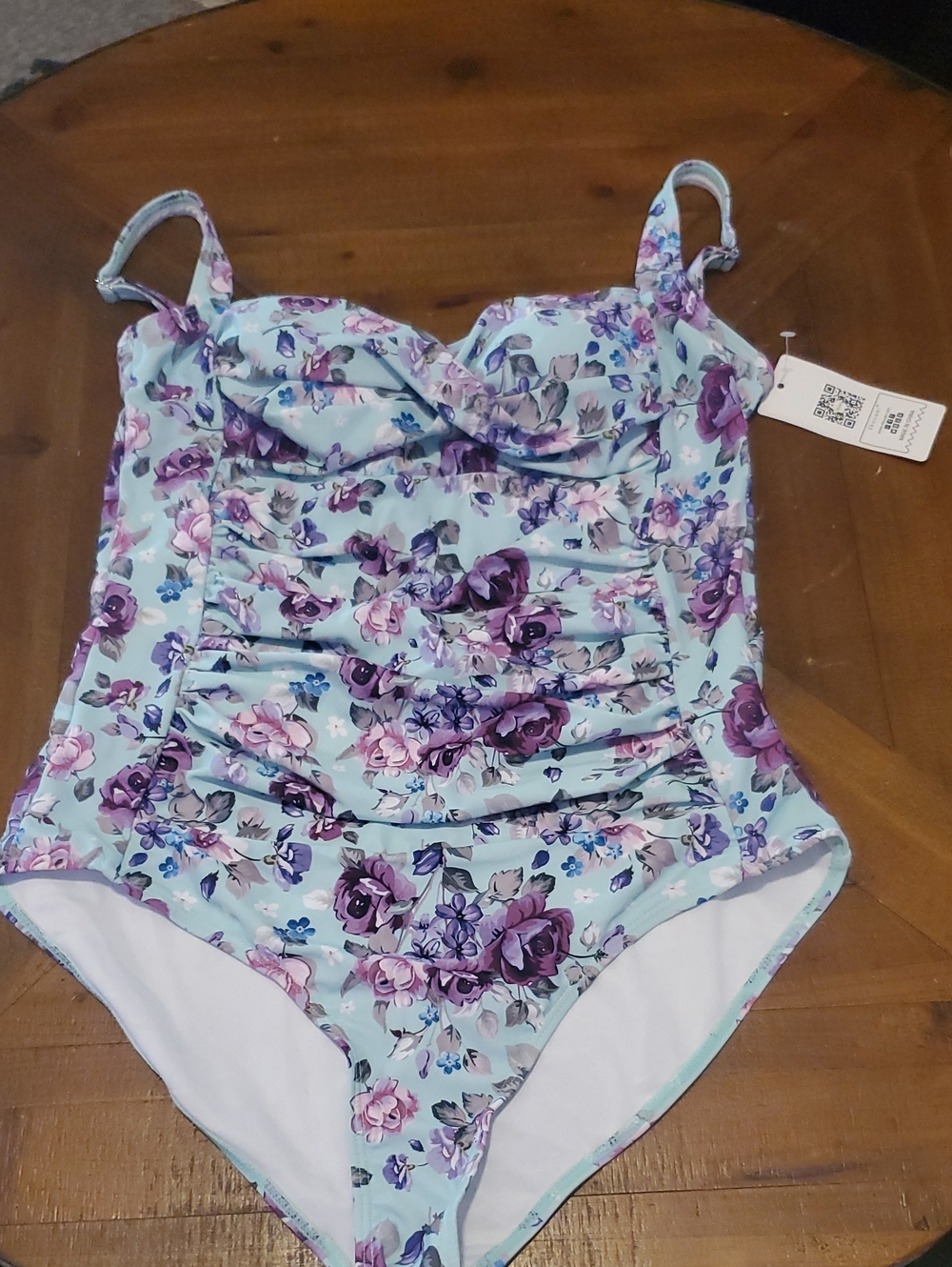 Women's Floral Ruched One-Piece Swimsuit in Light Blue with Purple Bloom